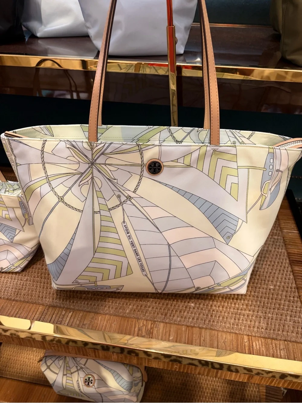 Tory Burch mint sailboat spiral Tote nylon tote bag zip closure logo small size